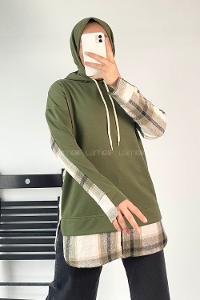 Modalamelif Kapüşonlu Sırt Ekose Etek Ucu Garnili Sweat Yeşil