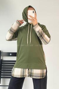 Modalamelif Kapüşonlu Sırt Ekose Etek Ucu Garnili Sweat Yeşil