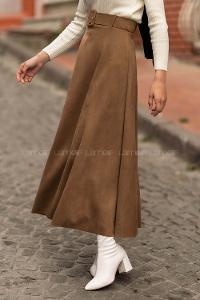 Modalamelif Kemer Detaylı Süet Etek Bej