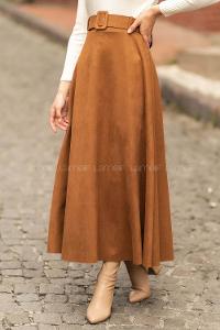 Modalamelif Kemer Detaylı Süet Etek Kahverengi