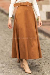 Modalamelif Kemer Detaylı Süet Etek Kahverengi