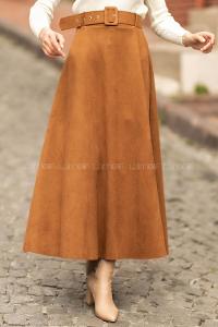Modalamelif Kemer Detaylı Süet Etek Kahverengi