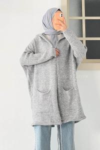Modalamelif Cep Detaylı Kapüşonlu Triko Hırka Gri