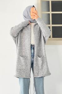 Modalamelif Cep Detaylı Kapüşonlu Triko Hırka Gri