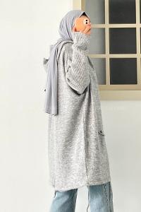 Modalamelif Cep Detaylı Kapüşonlu Triko Hırka Gri