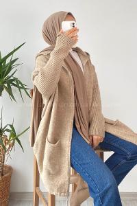 Modalamelif Cep Detaylı Kapüşonlu Triko Hırka Kum Beji