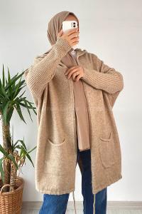 Modalamelif Cep Detaylı Kapüşonlu Triko Hırka Kum Beji