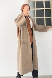 Modalamelif Körük Çift Cep Uzun Triko Hırka Kum Beji