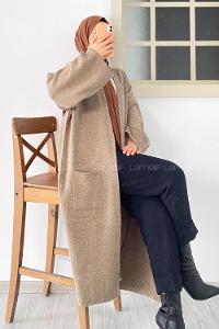 Modalamelif Körük Çift Cep Uzun Triko Hırka Kum Beji