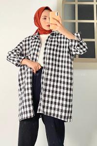 Modalamelif Önü Boydan Düğmeli Tek Cepli Ekose Desenli Tunik Beyaz-Siyah