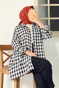Modalamelif Önü Boydan Düğmeli Tek Cepli Ekose Desenli Tunik Beyaz-Siyah