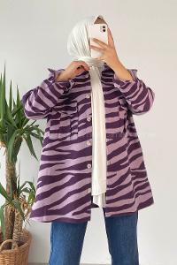 Modalamelif Önü Düğmeli Çift Kapak Cepli Dalga Desenli Gömlek Lila-Mor