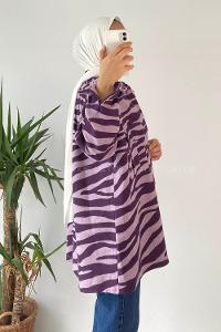 Modalamelif Önü Düğmeli Çift Kapak Cepli Dalga Desenli Gömlek Lila-Mor