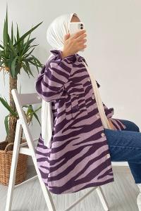 Modalamelif Önü Düğmeli Çift Kapak Cepli Dalga Desenli Gömlek Lila-Mor