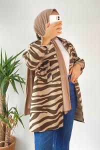 Modalamelif Önü Düğmeli Çift Kapak Cepli Geometrik Desen Gömlek Bej-Kahverengi