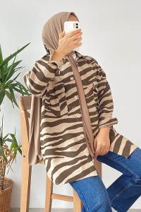 Modalamelif Önü Düğmeli Çift Kapak Cepli Geometrik Desen Gömlek Bej-Kahverengi