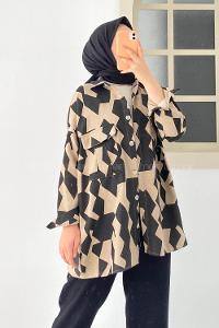 Düğmeli Çift Kapak Cepli Geometrik Desen Gömlek Bej-Siyah