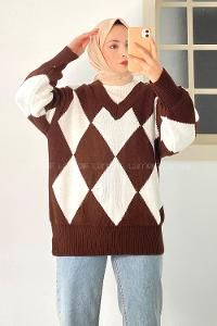 Modalamelif  V Yaka Baklava Desenli Kazak Kahverengi