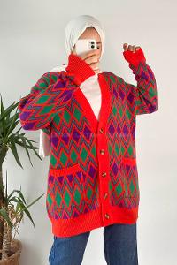 Modalamelif V Yaka Çift Cepli Önü Düğmeli Etnik Desen Triko Hırka Kırmızı