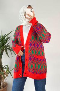 Modalamelif V Yaka Çift Cepli Önü Düğmeli Etnik Desen Triko Hırka Kırmızı