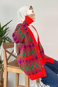 Modalamelif V Yaka Çift Cepli Önü Düğmeli Etnik Desen Triko Hırka Kırmızı