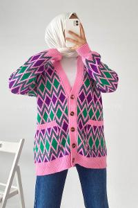 Modalamelif V Yaka Çift Cepli Önü Düğmeli Etnik Desen Triko Hırka Lila