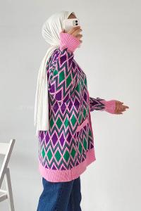 Modalamelif V Yaka Çift Cepli Önü Düğmeli Etnik Desen Triko Hırka Lila