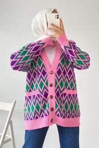 Modalamelif V Yaka Çift Cepli Önü Düğmeli Etnik Desen Triko Hırka Lila