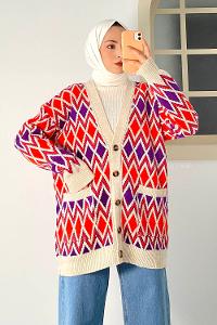 Modalamelif V Yaka Çift Cepli Önü Düğmeli Etnik Desen Triko Hırka Taş-Mor