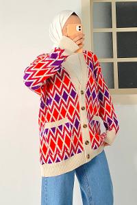 Modalamelif V Yaka Çift Cepli Önü Düğmeli Etnik Desen Triko Hırka Taş-Mor