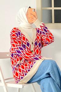 Modalamelif V Yaka Çift Cepli Önü Düğmeli Etnik Desen Triko Hırka Taş-Mor