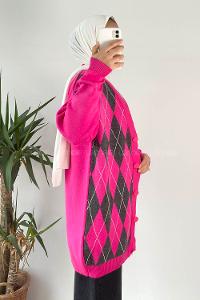 Modalamelif V Yaka Önü Düğme Detaylı Baklava Desenli Triko Hırka Fuşya