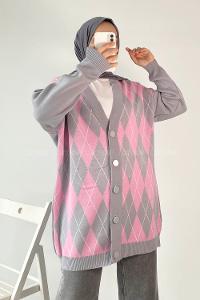 Modalamelif V Yaka Önü Düğme Detaylı Baklava Desenli Triko Hırka Gri