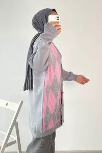 Modalamelif V Yaka Önü Düğme Detaylı Baklava Desenli Triko Hırka Gri