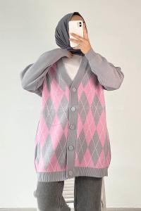 Modalamelif V Yaka Önü Düğme Detaylı Baklava Desenli Triko Hırka Gri