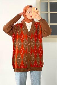 Modalamelif V Yaka Önü Düğme Detaylı Baklava Desenli Triko Hırka Kahverengi