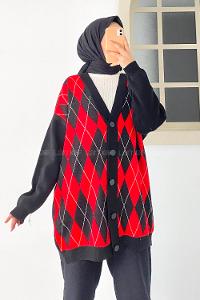 Modalamelif V Yaka Önü Düğme Detaylı Baklava Desenli Triko Hırka Siyah