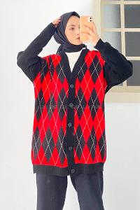 Modalamelif V Yaka Önü Düğme Detaylı Baklava Desenli Triko Hırka Siyah