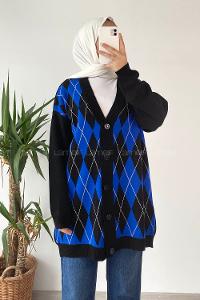 Modalamelif V Yaka Önü Düğme Detaylı Baklava Desenli Triko Hırka Siyah-İndigo