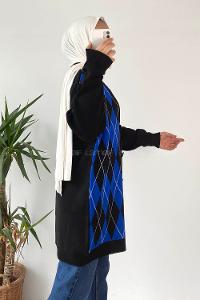 Modalamelif V Yaka Önü Düğme Detaylı Baklava Desenli Triko Hırka Siyah-İndigo