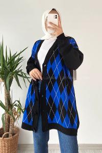 Modalamelif V Yaka Önü Düğme Detaylı Baklava Desenli Triko Hırka Siyah-İndigo