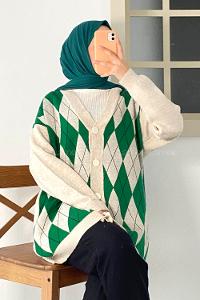 Modalamelif V Yaka Önü Düğme Detaylı Baklava Desenli Triko Hırka Taş-Yeşil