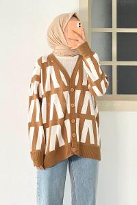 Modalamelif V Yaka Önü Düğmeli Desenli Triko Hırka Camel