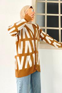 Modalamelif V Yaka Önü Düğmeli Desenli Triko Hırka Camel