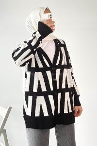 Modalamelif V Yaka Önü Düğmeli Desenli Triko Hırka Siyah