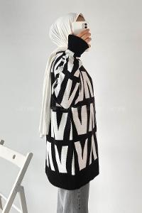 Modalamelif V Yaka Önü Düğmeli Desenli Triko Hırka Siyah