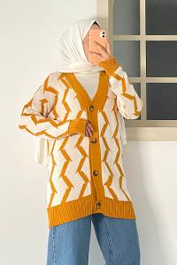 Modalamelif V Yaka Önü Düğmeli Etnik Desen Triko Hırka Hardal Sarısı
