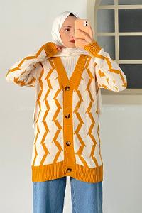Modalamelif V Yaka Önü Düğmeli Etnik Desen Triko Hırka Hardal Sarısı