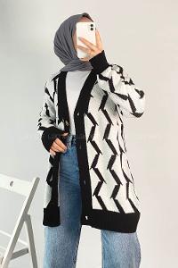 Modalamelif V Yaka Önü Düğmeli Etnik Desen Triko Hırka Siyah