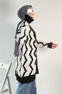 Modalamelif V Yaka Önü Düğmeli Etnik Desen Triko Hırka Siyah